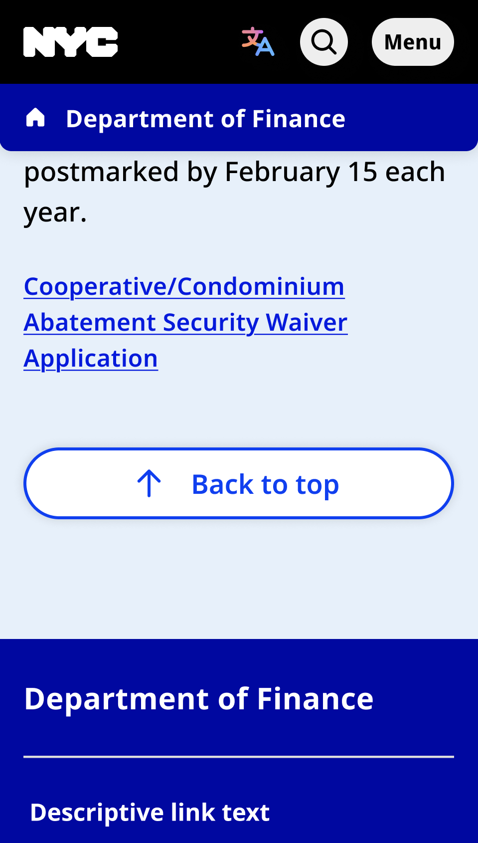 NYC mobile Department of Finance page content Back to top button and department footer